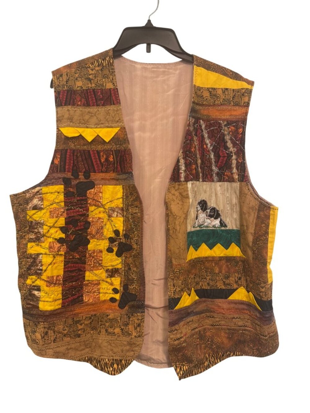 Vintage Handmade Patchwork Quilted Vest With Dog Embroidery Size Large